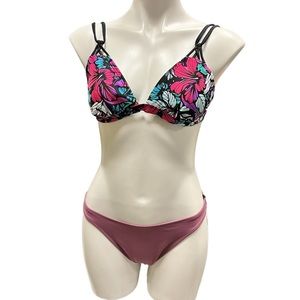 TROPICAL Floral Strappy Bikini Medium NWT Shade & Shore Xhilaration Black